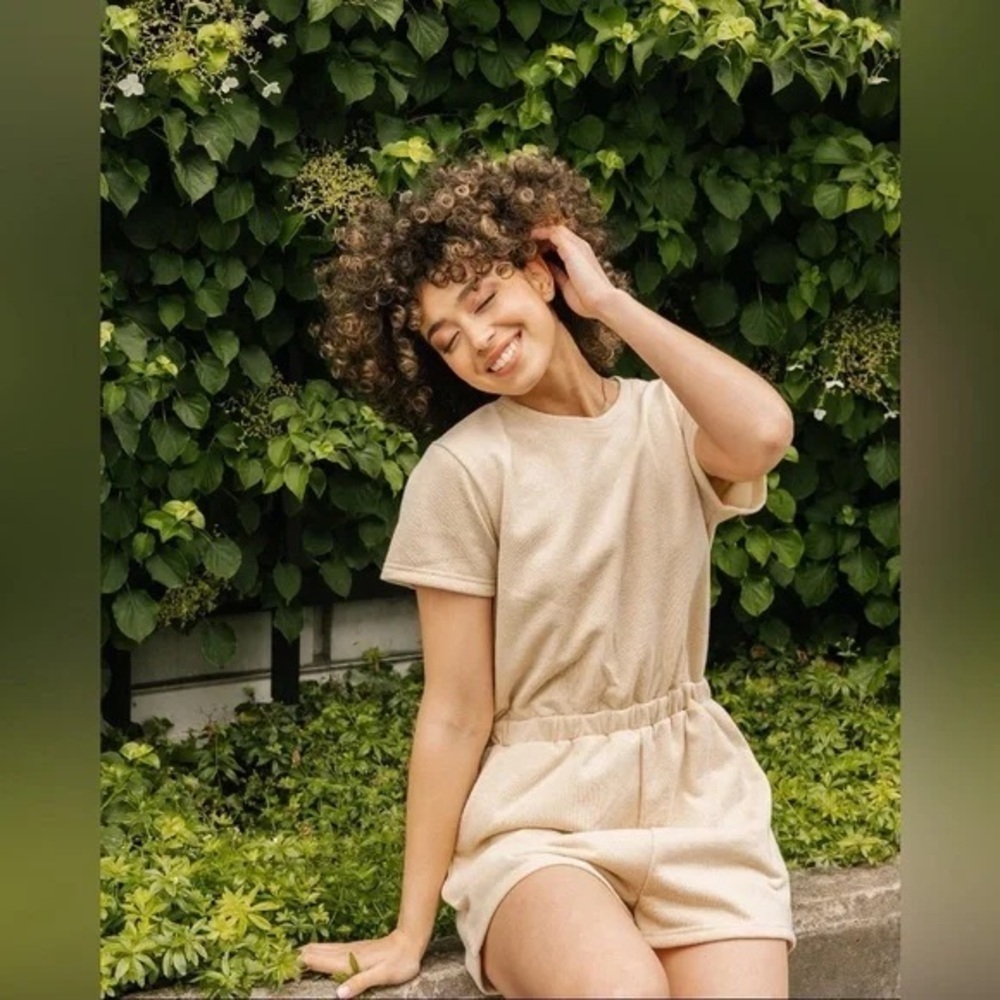 Smash + Tess Backyard Shorty Romper in Natural Shimmer, size medium.